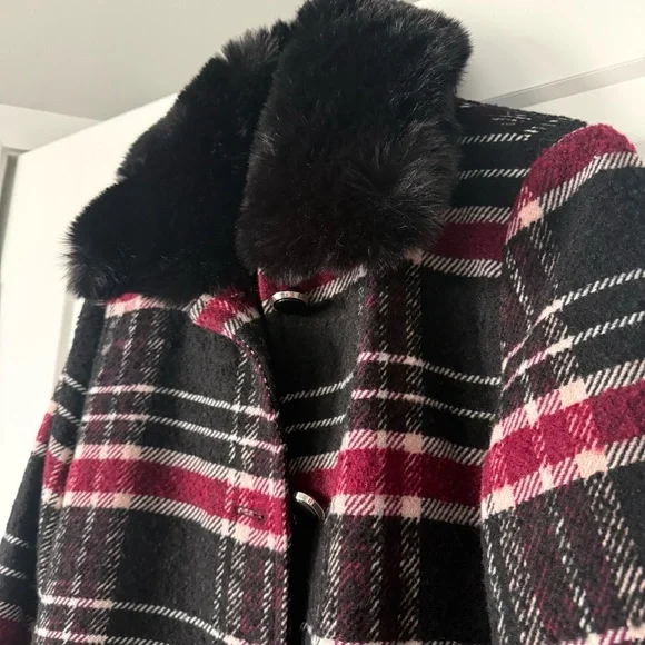 NWT Kate Spade Top Collar Fur Plaid Wool Coat - Picture 2 of 7